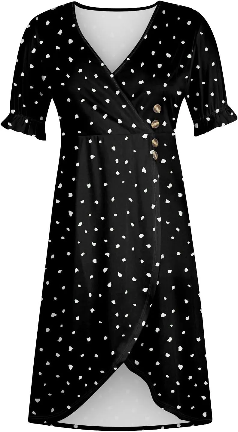Women's Dresses Casual Summer V Neck Short Sleeve Polka Dot Floral Wrap Hem Midi Dress 2025 Woman Casual, S-3XL
