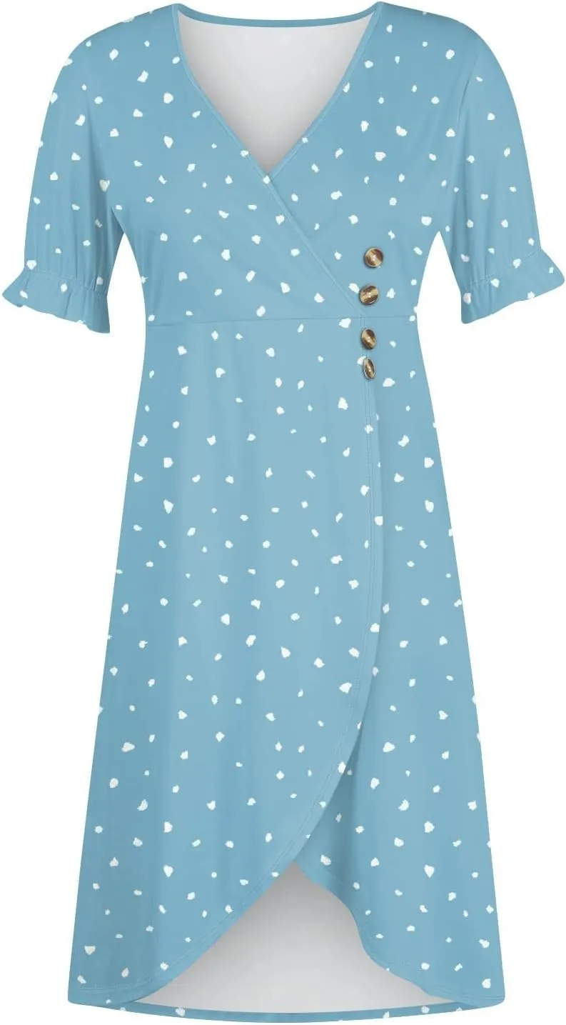 Women's Dresses Casual Summer V Neck Short Sleeve Polka Dot Floral Wrap Hem Midi Dress 2025 Woman Casual, S-3XL