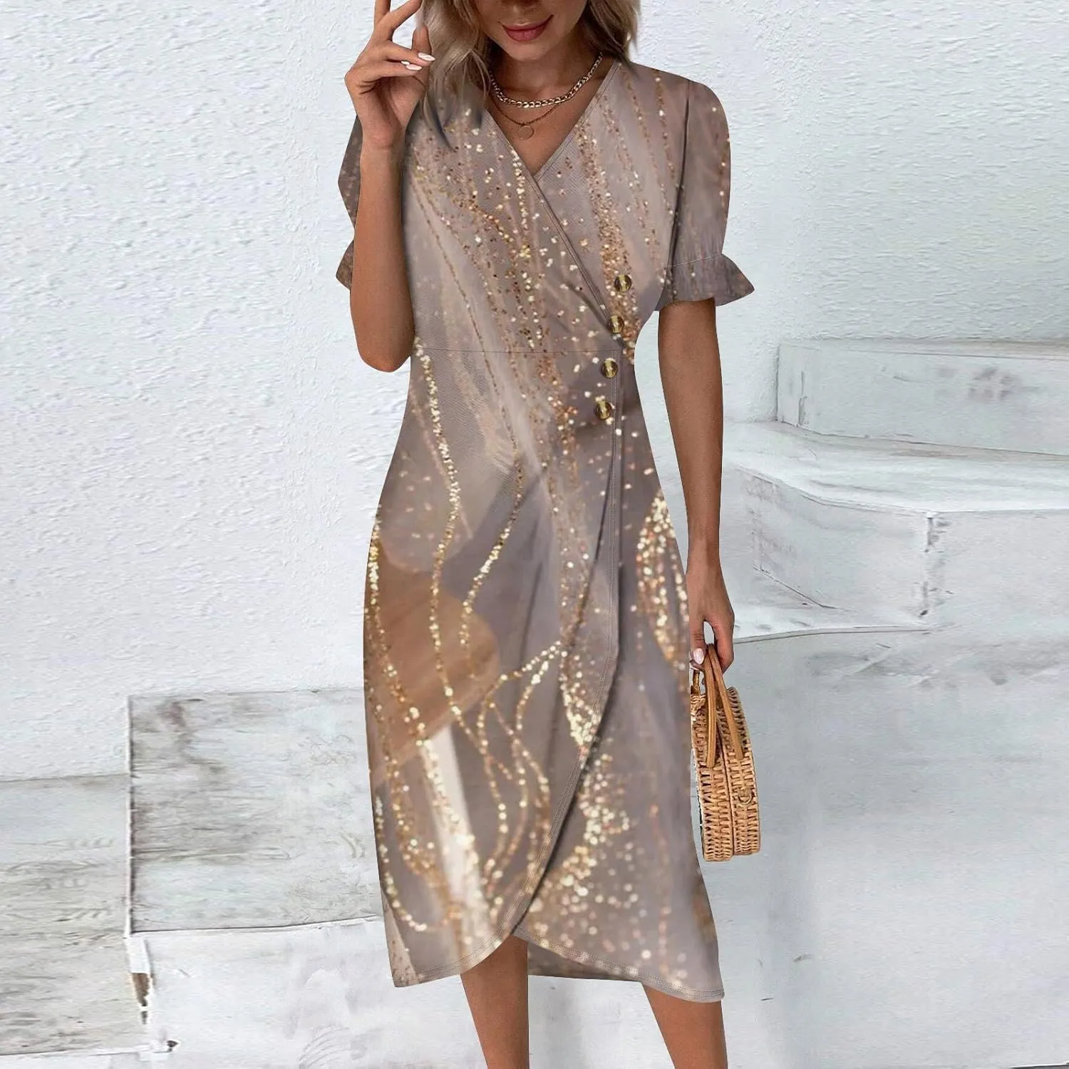 Women's Dresses Casual Summer V Neck Short Sleeve Polka Dot Floral Wrap Hem Midi Dress 2025 Woman Casual, S-3XL
