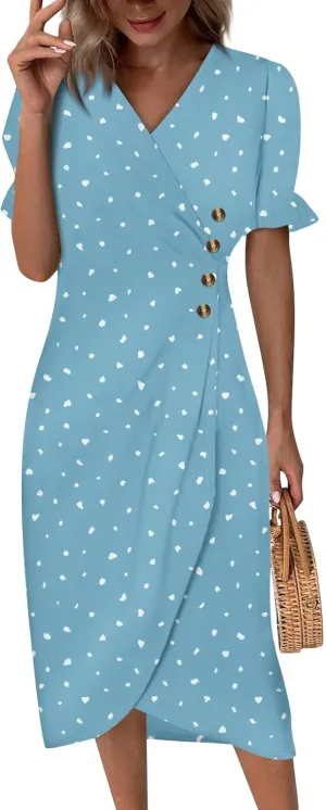 Women's Dresses Casual Summer V Neck Short Sleeve Polka Dot Floral Wrap Hem Midi Dress 2025 Woman Casual, S-3XL