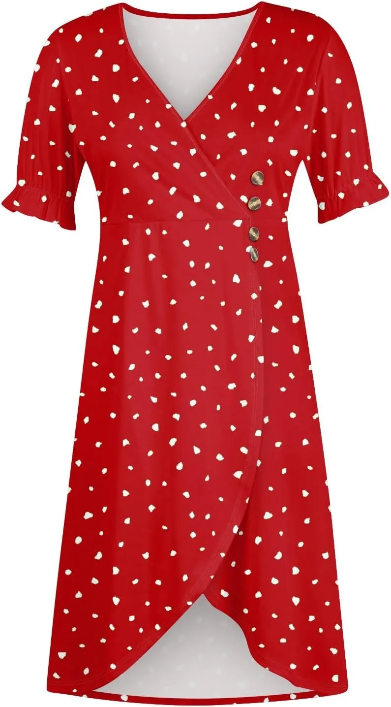 Women's Dresses Casual Summer V Neck Short Sleeve Polka Dot Floral Wrap Hem Midi Dress 2025 Woman Casual, S-3XL