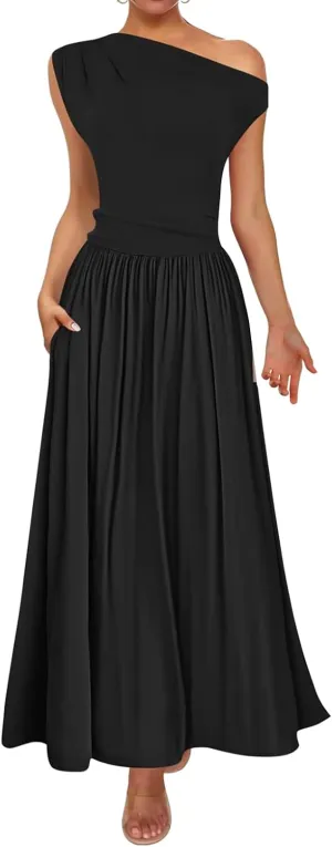 Women's Dresses One Shoulder Ruffle High Waist Flowy Dresses Sleeveless Fashion Trendy Dress Summer Sundress 2025