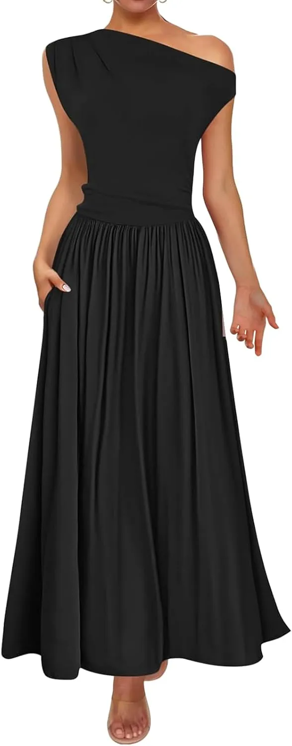 Women's Dresses One Shoulder Ruffle High Waist Flowy Dresses Sleeveless Fashion Trendy Dress Summer Sundress 2025