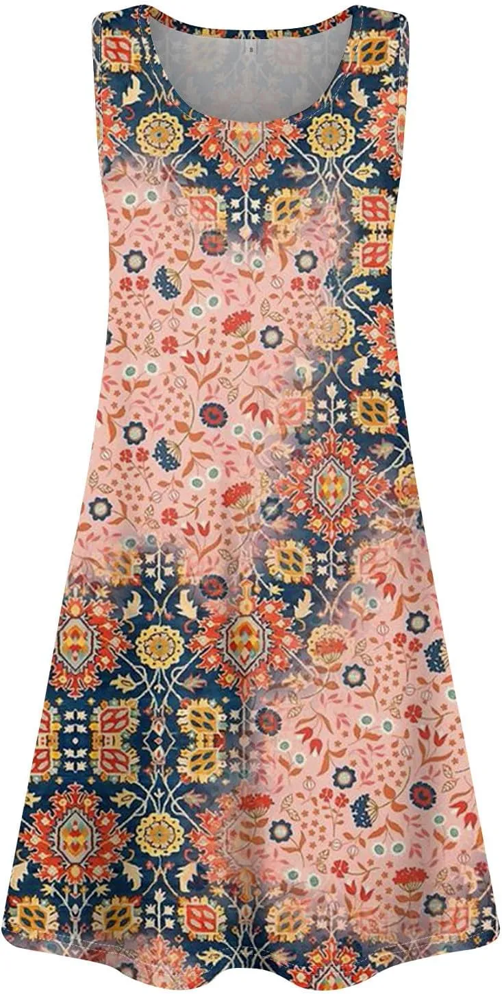 Womens Dresses Spring Tank Dress Cute Sundresses Sleeveless A-Line Dress Summer Beach Cover Up Midi Dress with Pocket