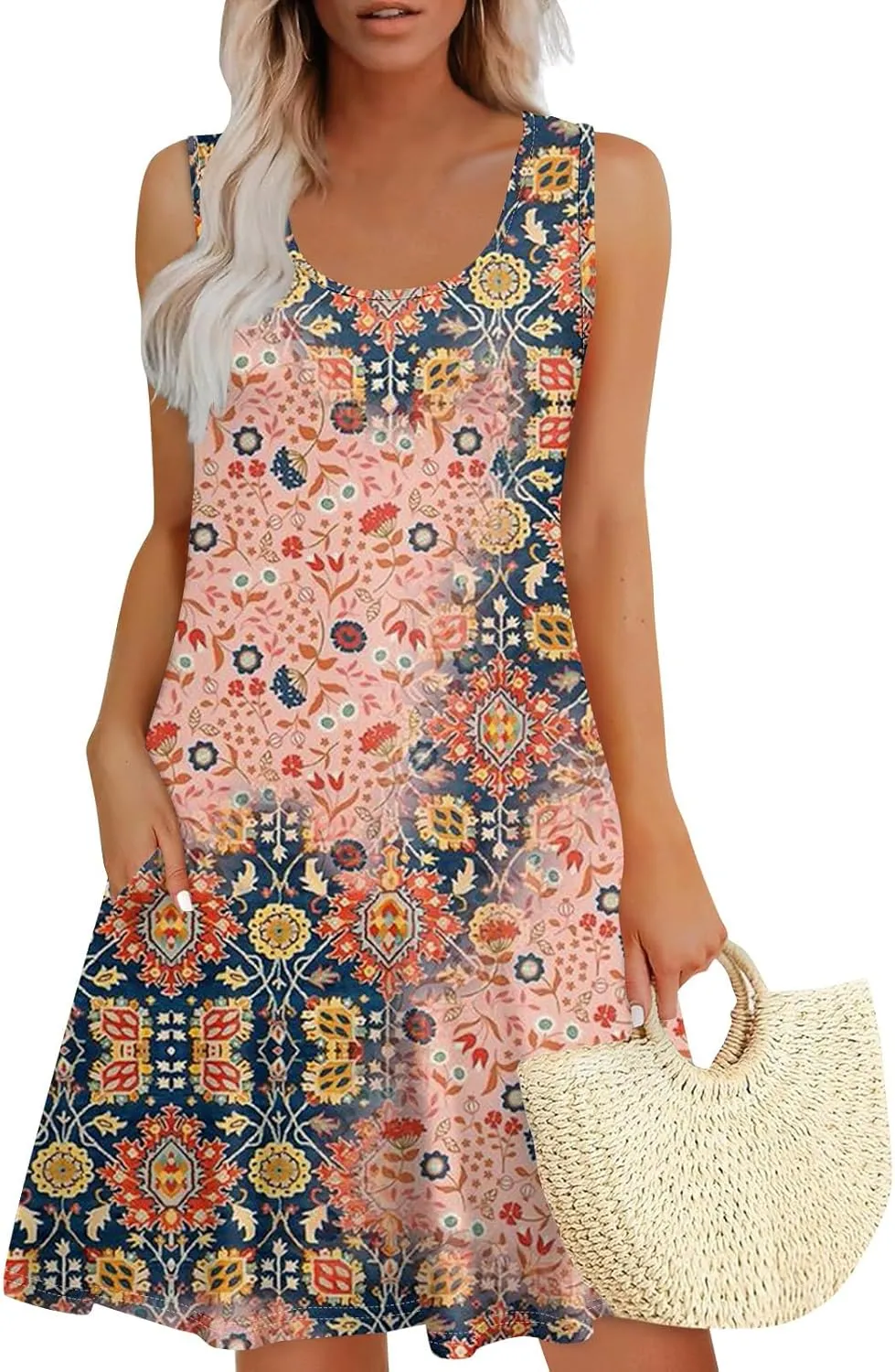 Womens Dresses Spring Tank Dress Cute Sundresses Sleeveless A-Line Dress Summer Beach Cover Up Midi Dress with Pocket