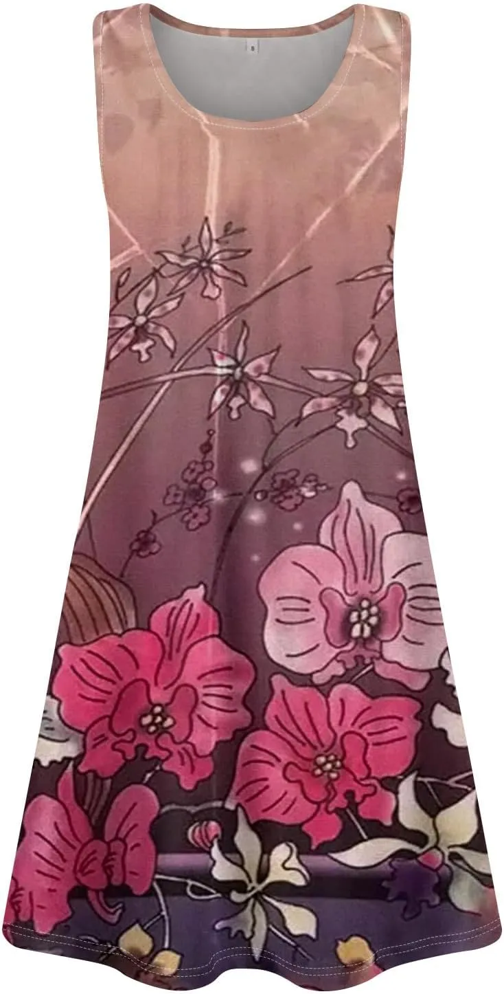 Womens Dresses Spring Tank Dress Cute Sundresses Sleeveless A-Line Dress Summer Beach Cover Up Midi Dress with Pocket