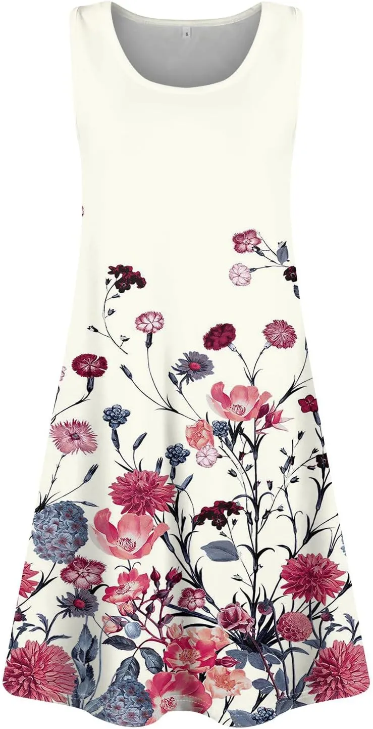 Womens Dresses Spring Tank Dress Cute Sundresses Sleeveless A-Line Dress Summer Beach Cover Up Midi Dress with Pocket