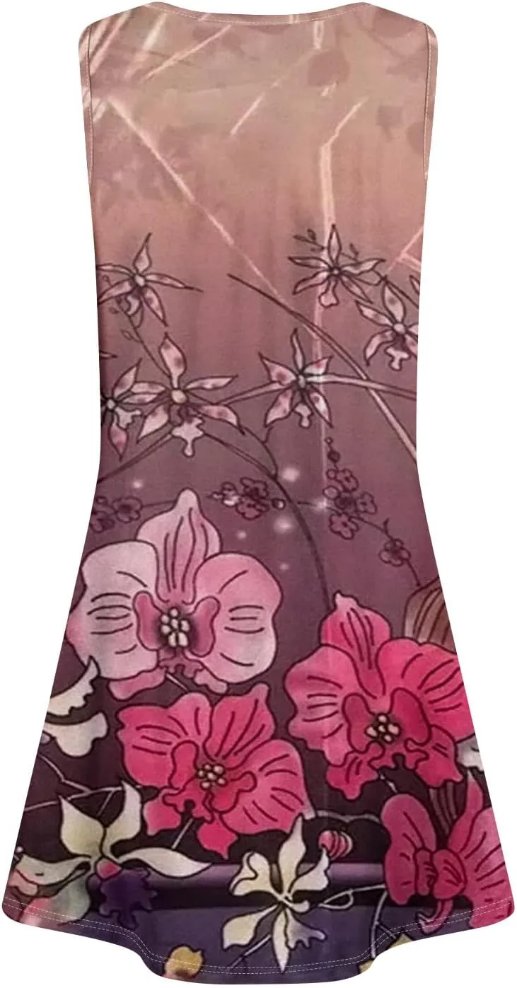 Womens Dresses Spring Tank Dress Cute Sundresses Sleeveless A-Line Dress Summer Beach Cover Up Midi Dress with Pocket