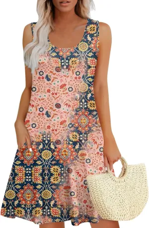 Womens Dresses Spring Tank Dress Cute Sundresses Sleeveless A-Line Dress Summer Beach Cover Up Midi Dress with Pocket