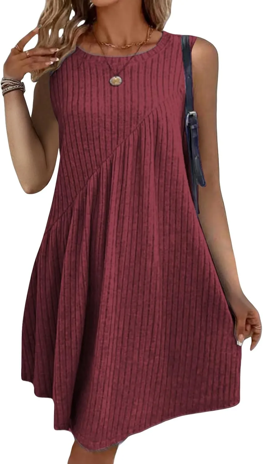 Womens Dresses Summer Casual Sleeveless Crewneck Loose Mini Dress A Line Pleated Tank Dress Ribbed Knit Dresses
