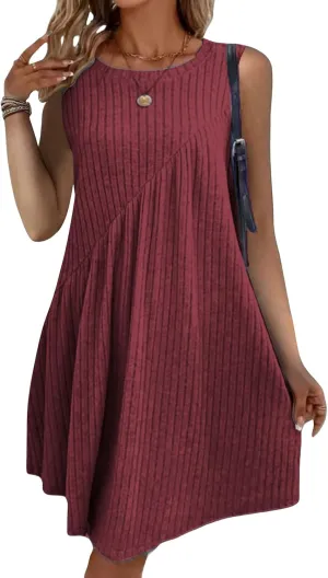 Womens Dresses Summer Casual Sleeveless Crewneck Loose Mini Dress A Line Pleated Tank Dress Ribbed Knit Dresses