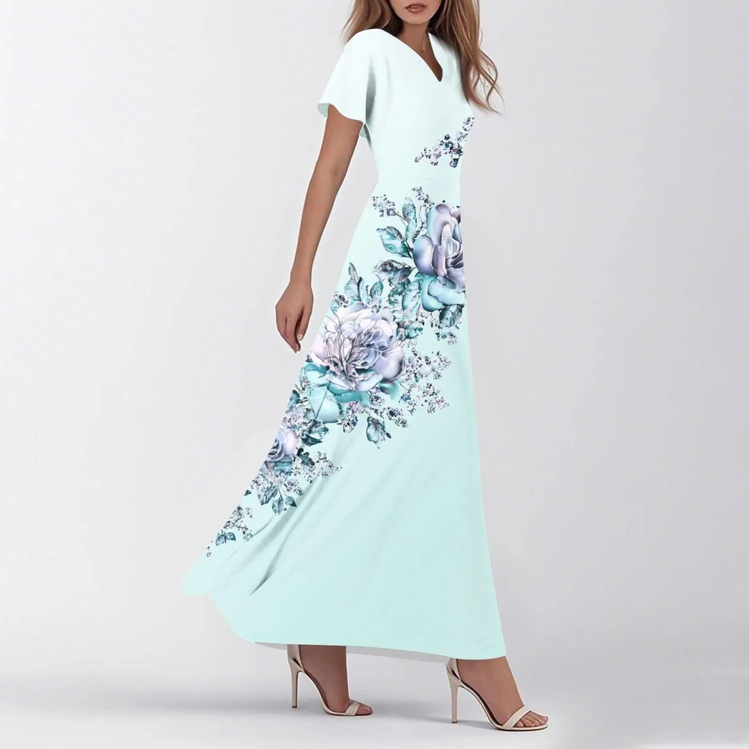 Womens Dresses Summer,Women's Loose Casual V-Neck Short Sleeved High Waisted Print Chiffon Dress