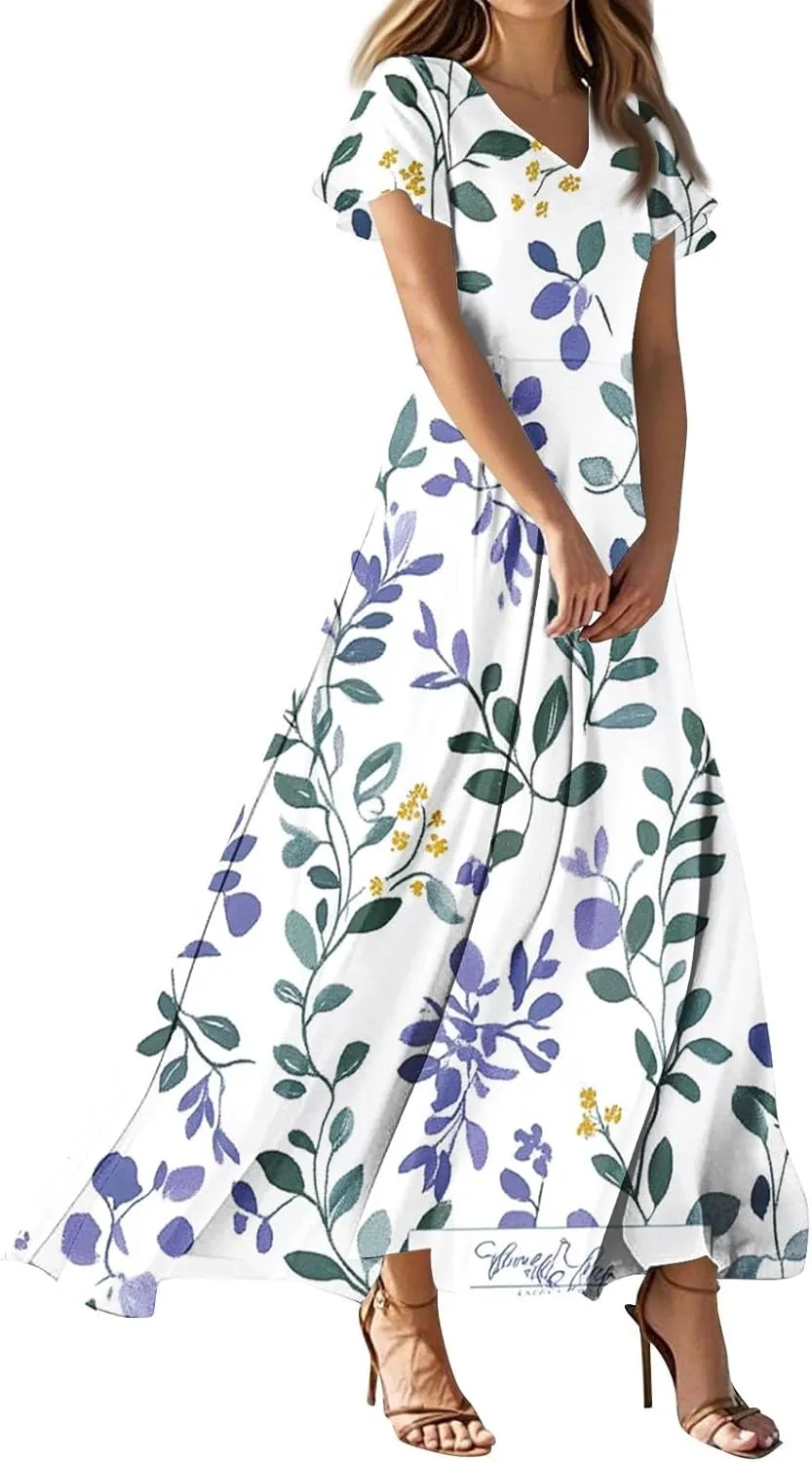 Womens Dresses Summer,Women's Loose Casual V-Neck Short Sleeved High Waisted Print Chiffon Dress