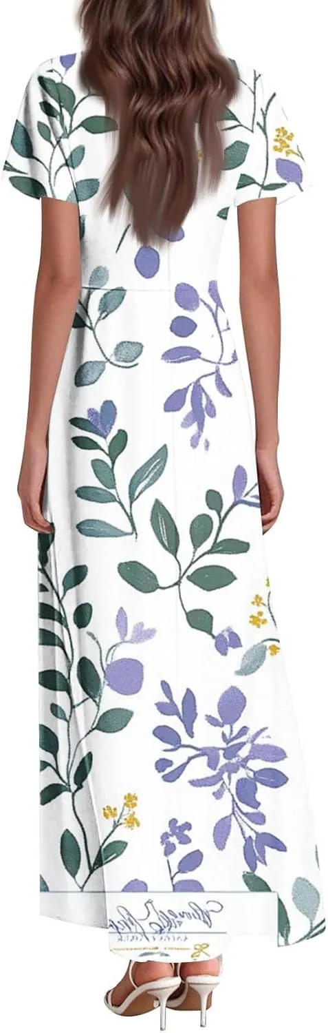Womens Dresses Summer,Women's Loose Casual V-Neck Short Sleeved High Waisted Print Chiffon Dress