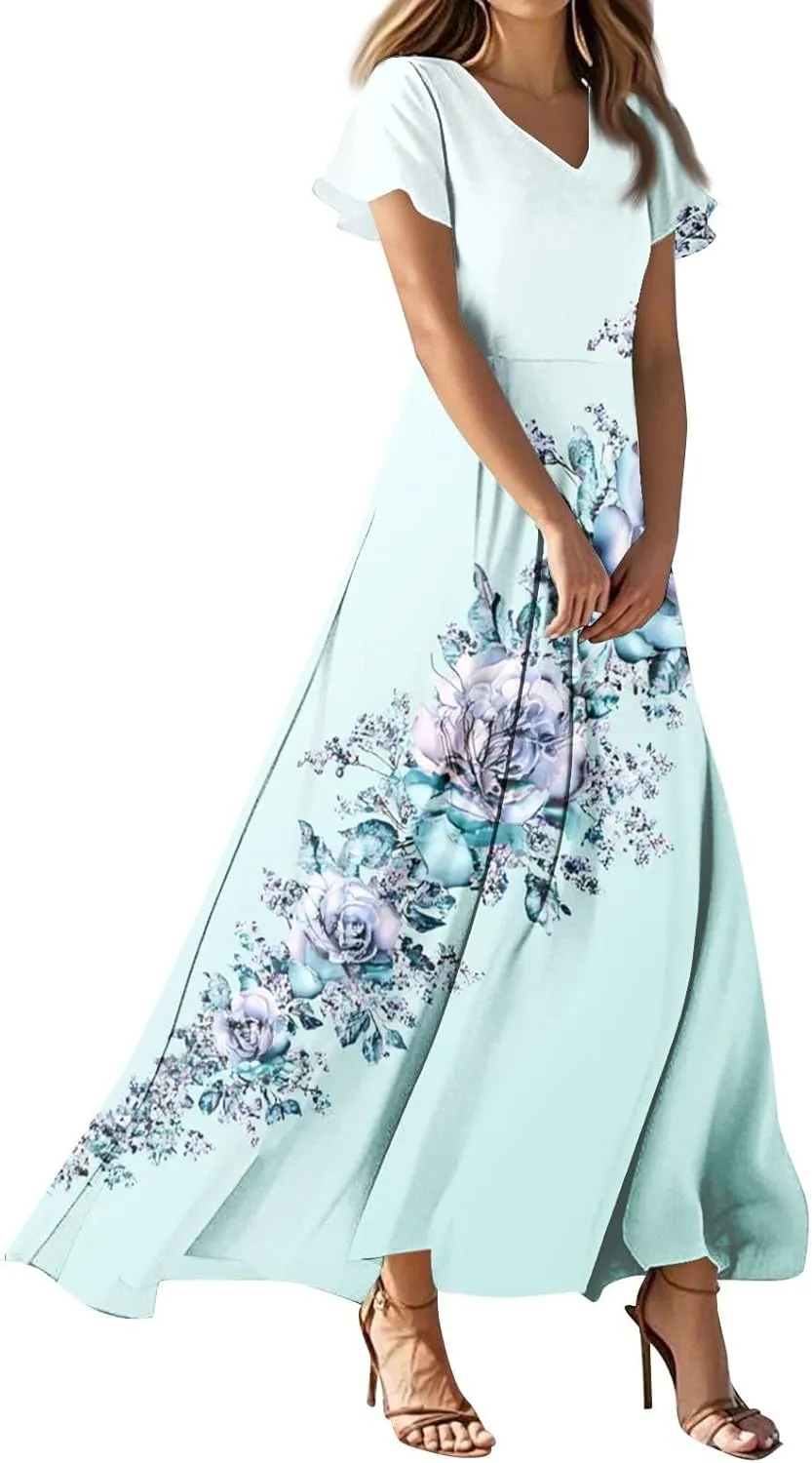 Womens Dresses Summer,Women's Loose Casual V-Neck Short Sleeved High Waisted Print Chiffon Dress