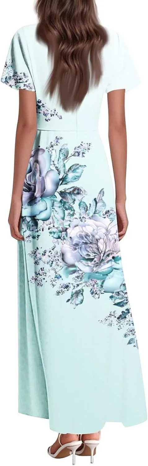 Womens Dresses Summer,Women's Loose Casual V-Neck Short Sleeved High Waisted Print Chiffon Dress