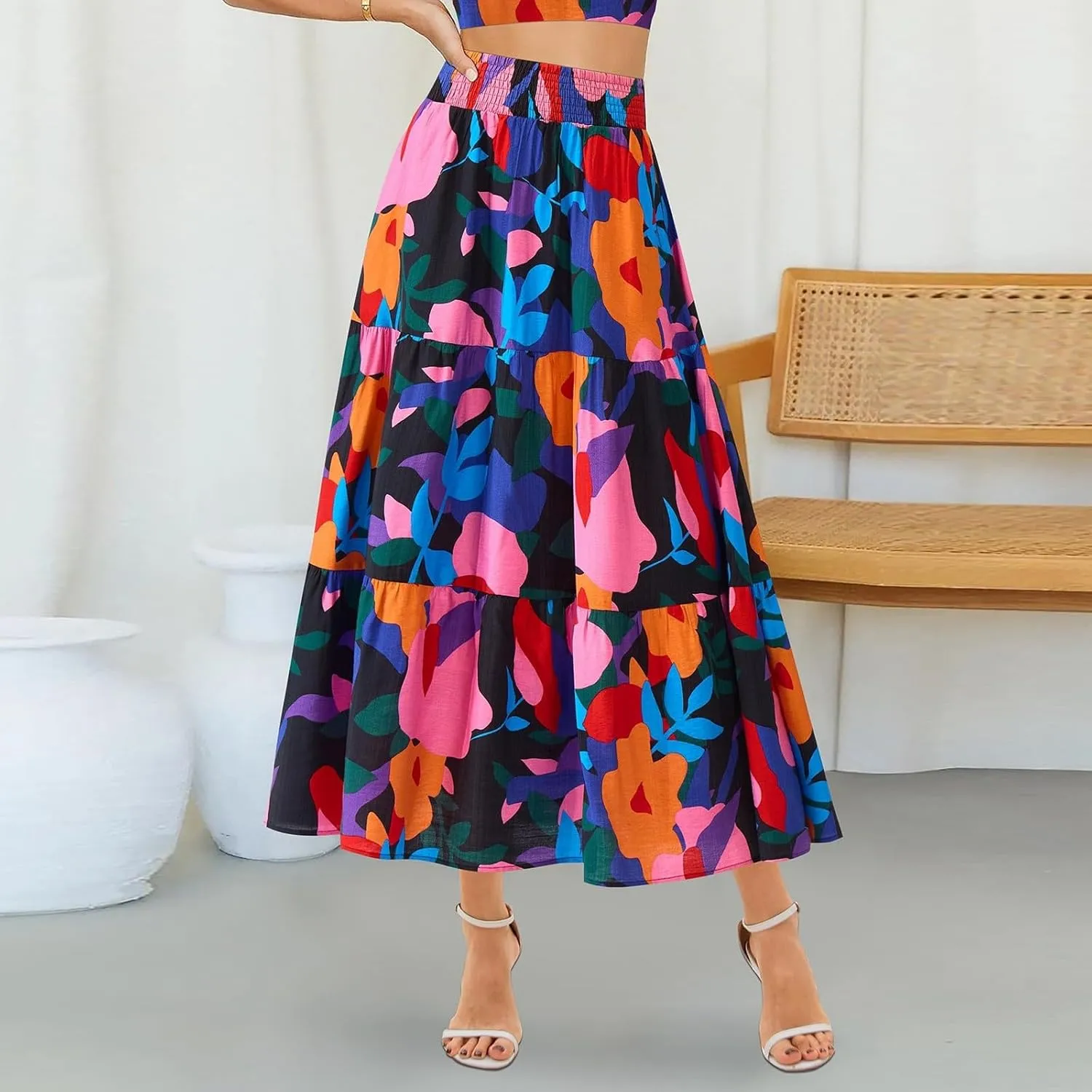 Womens Elastic High Waist Flared Midi Skirts Boho Floral Printed A-Line Pleated Beach Holiday Skirt with Pockets
