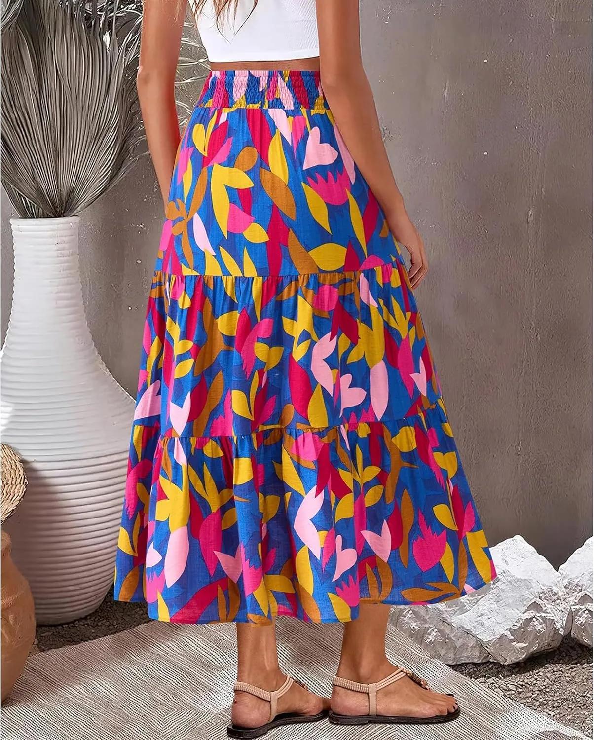 Womens Elastic High Waist Flared Midi Skirts Boho Floral Printed A-Line Pleated Beach Holiday Skirt with Pockets