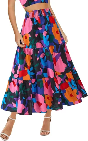 Womens Elastic High Waist Flared Midi Skirts Boho Floral Printed A-Line Pleated Beach Holiday Skirt with Pockets