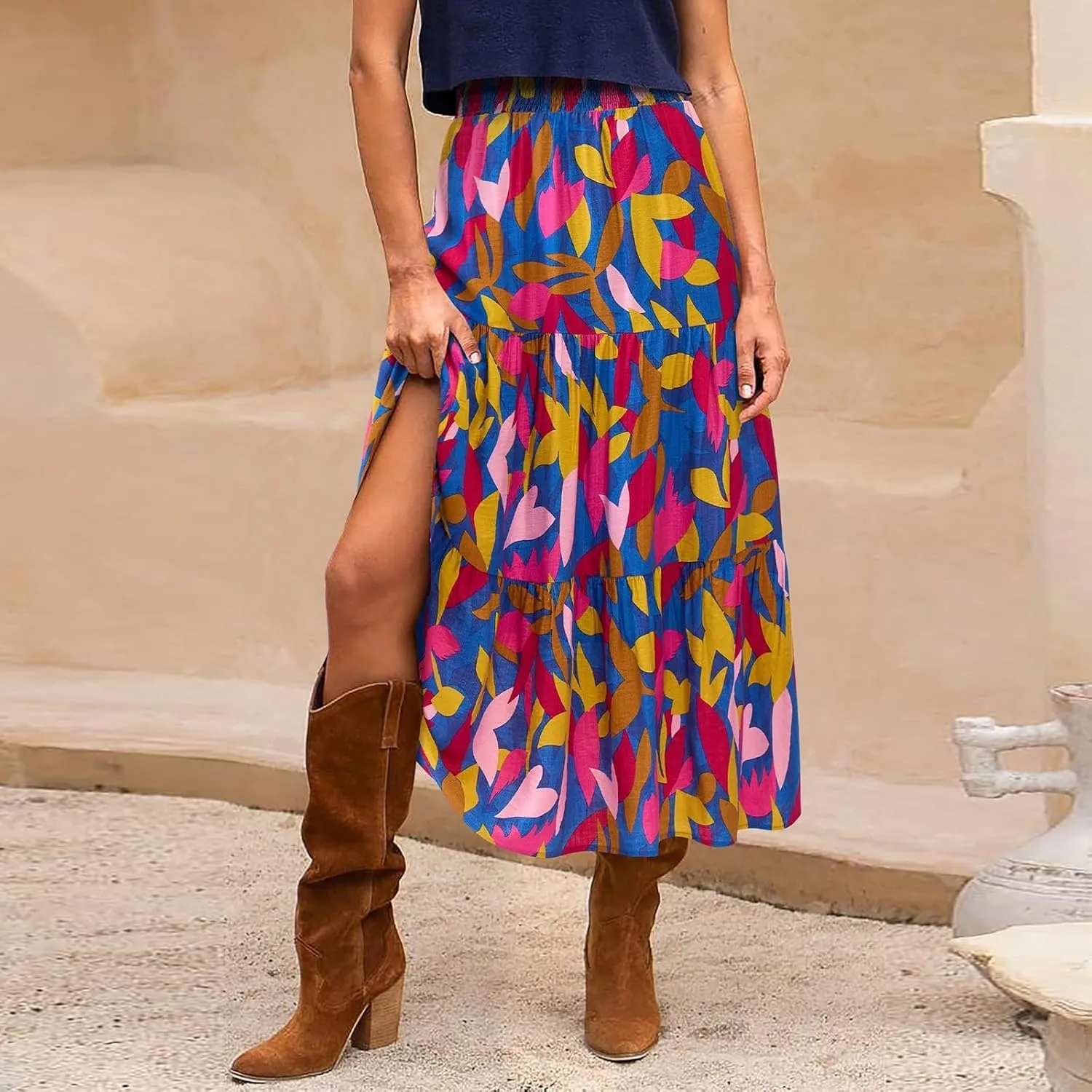 Womens Elastic High Waist Flared Midi Skirts Boho Floral Printed A-Line Pleated Beach Holiday Skirt with Pockets