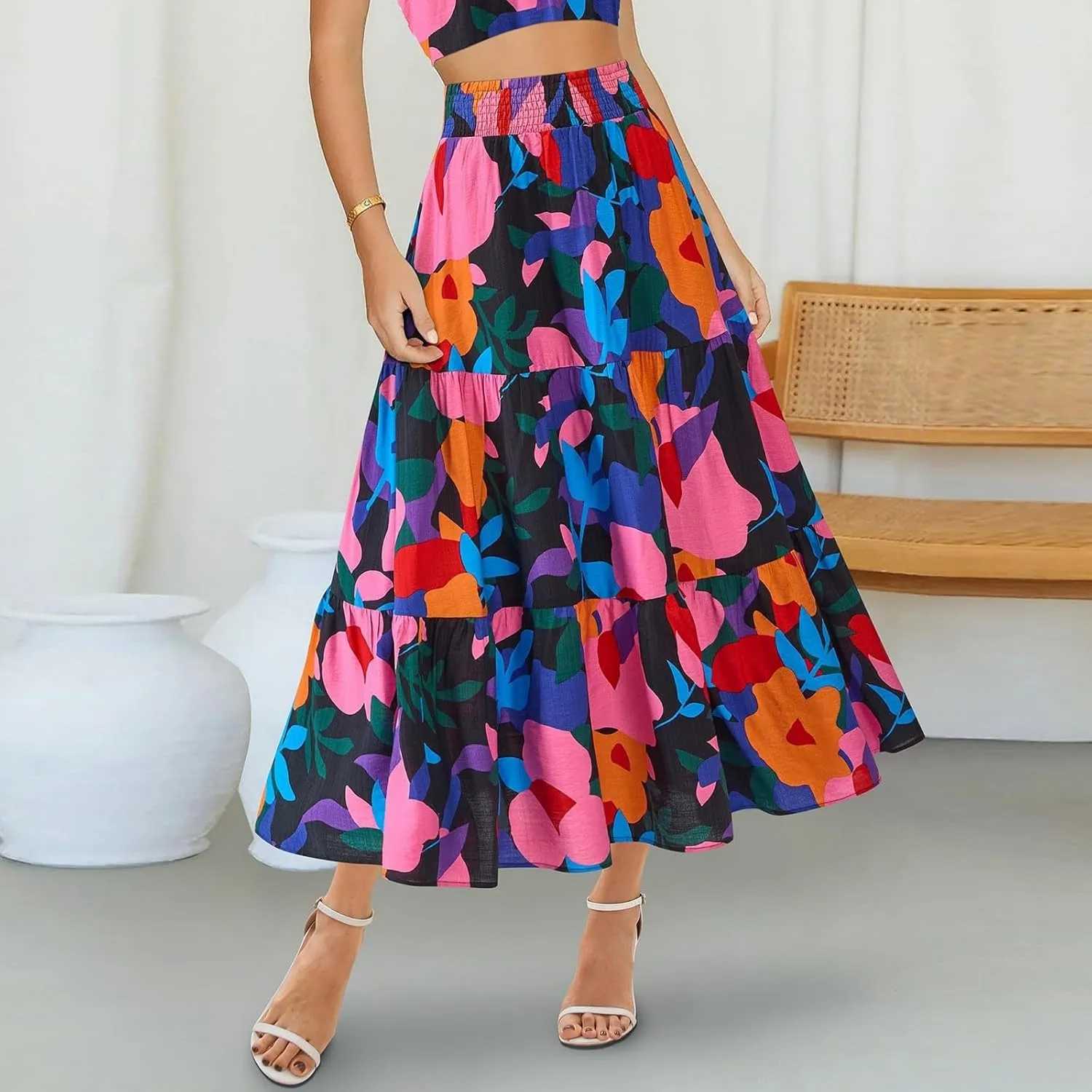 Womens Elastic High Waist Flared Midi Skirts Boho Floral Printed A-Line Pleated Beach Holiday Skirt with Pockets