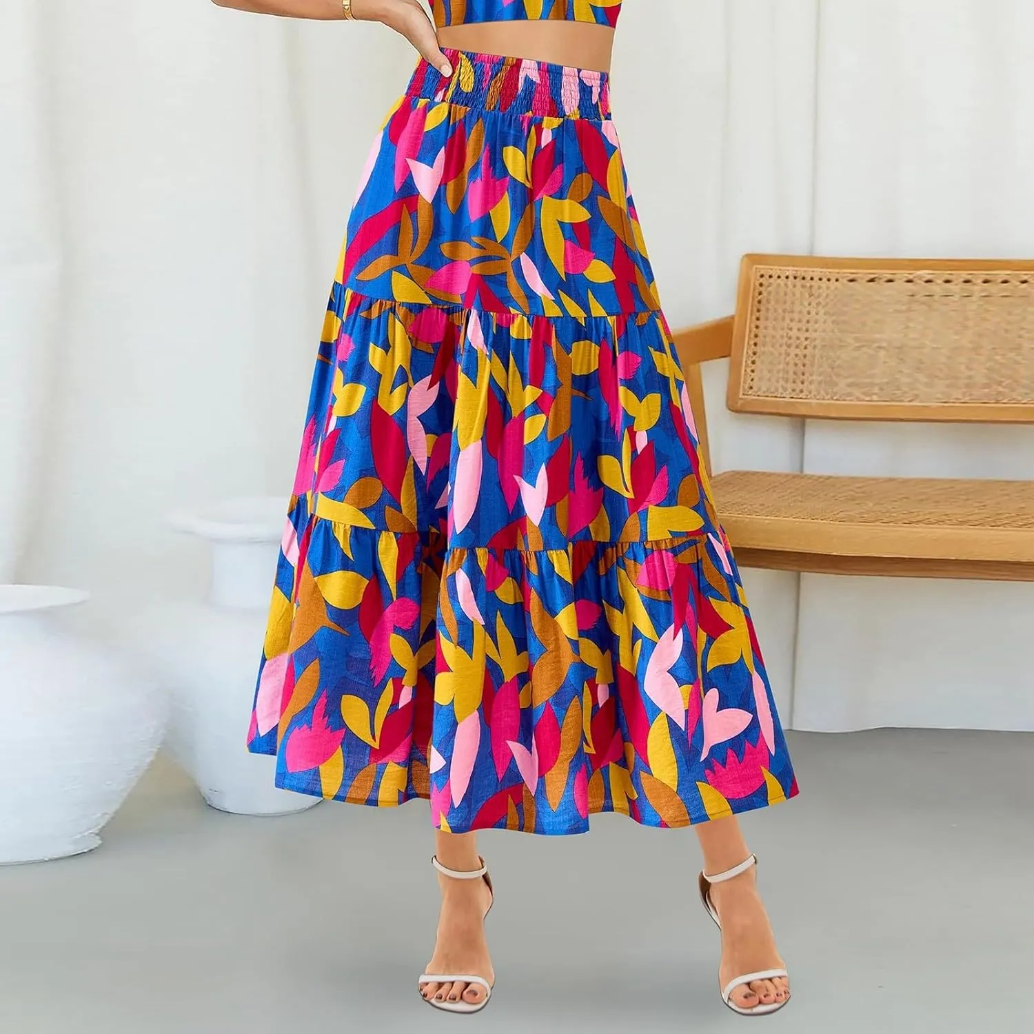 Womens Elastic High Waist Flared Midi Skirts Boho Floral Printed A-Line Pleated Beach Holiday Skirt with Pockets