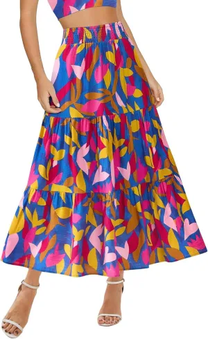 Womens Elastic High Waist Flared Midi Skirts Boho Floral Printed A-Line Pleated Beach Holiday Skirt with Pockets