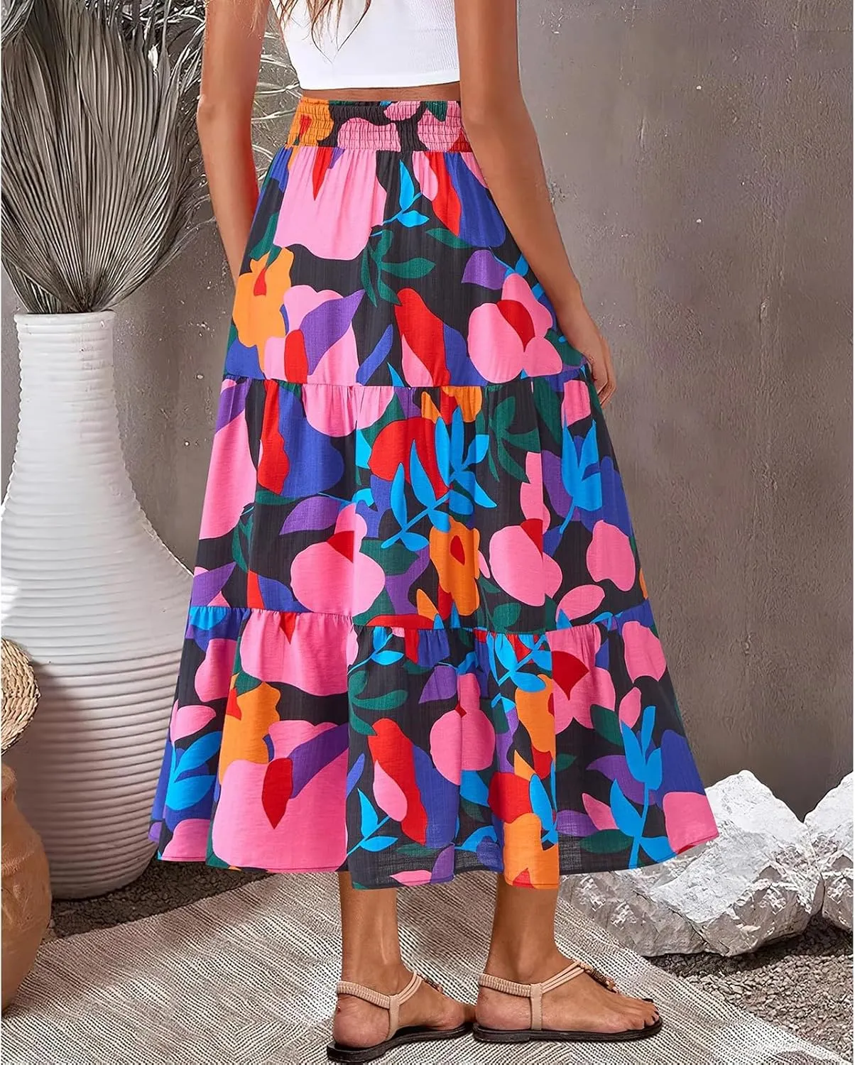 Womens Elastic High Waist Flared Midi Skirts Boho Floral Printed A-Line Pleated Beach Holiday Skirt with Pockets
