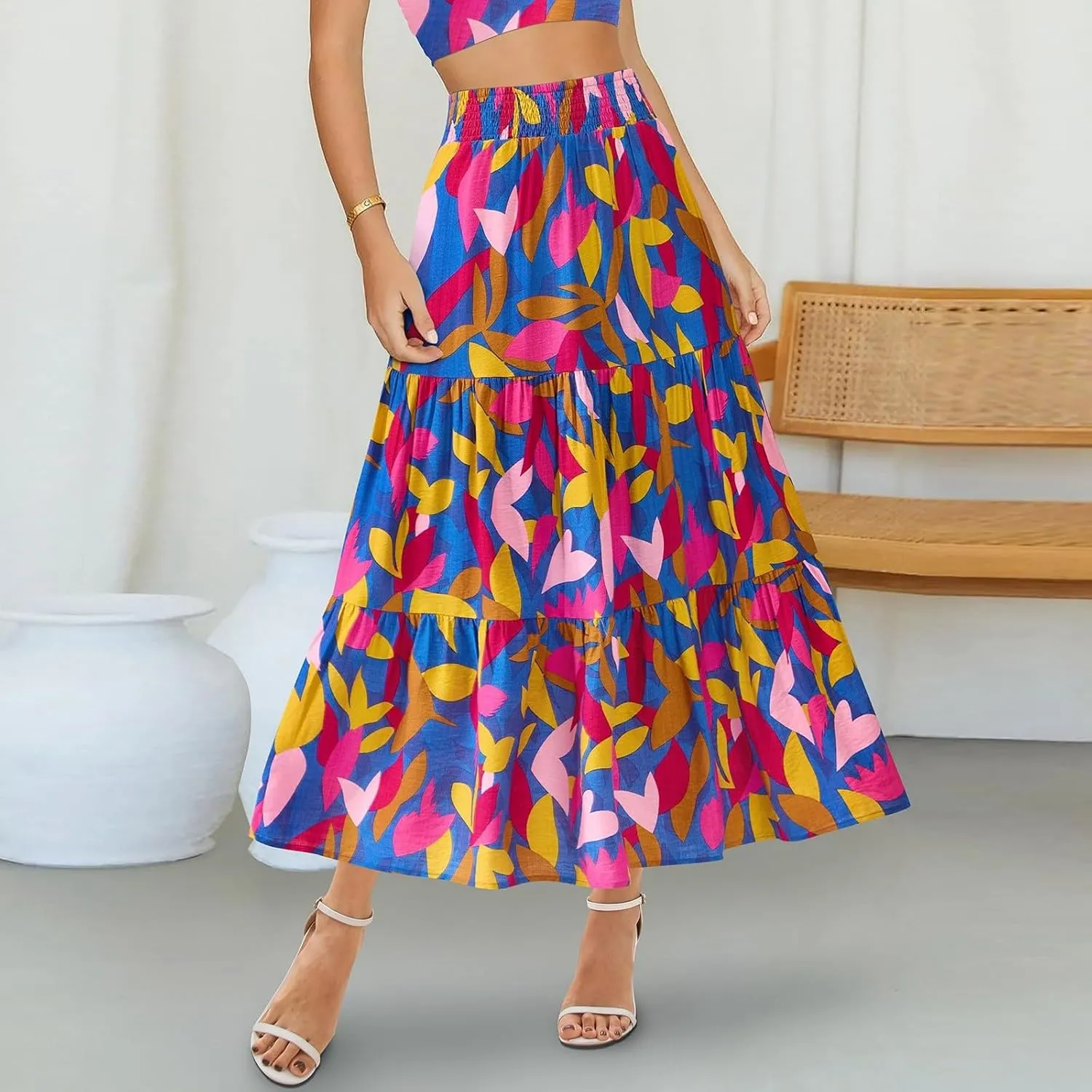 Womens Elastic High Waist Flared Midi Skirts Boho Floral Printed A-Line Pleated Beach Holiday Skirt with Pockets