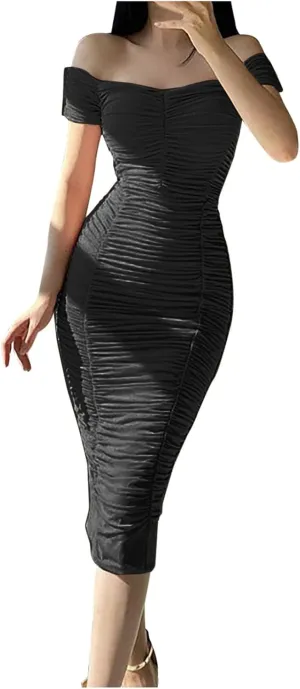 Womens Elegant Party Dress Bodycon Pencil Dresses Cold Shoulder Short Sleeve Prom Formal Dress Cocktail Dresses