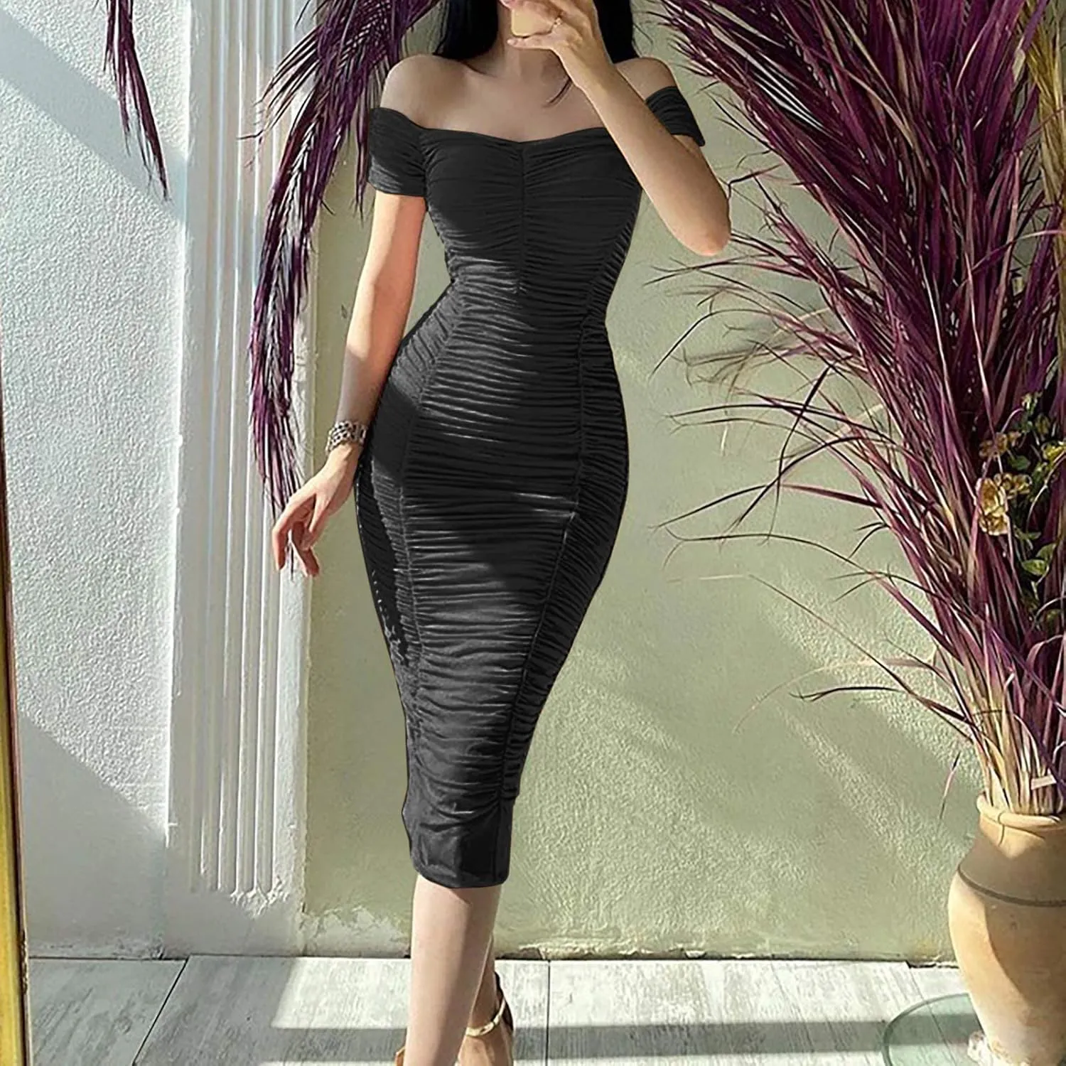 Womens Elegant Party Dress Bodycon Pencil Dresses Cold Shoulder Short Sleeve Prom Formal Dress Cocktail Dresses