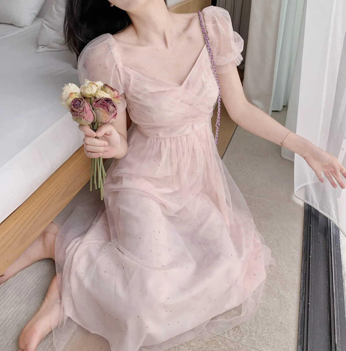 Women's Fairy Chiffon Puff Shoulder Sleeves Dress