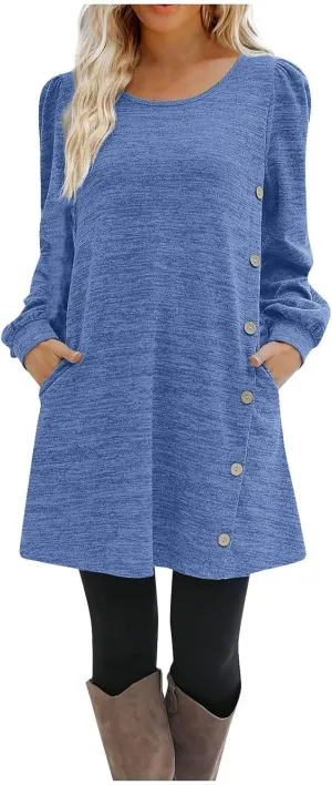 Women's Fall Casual Trendy Long Sleeve Crew Solid Button Midi Sun Dresses,S-3XL