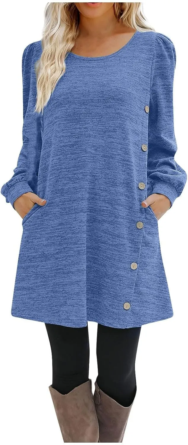 Women's Fall Casual Trendy Long Sleeve Crew Solid Button Midi Sun Dresses,S-3XL