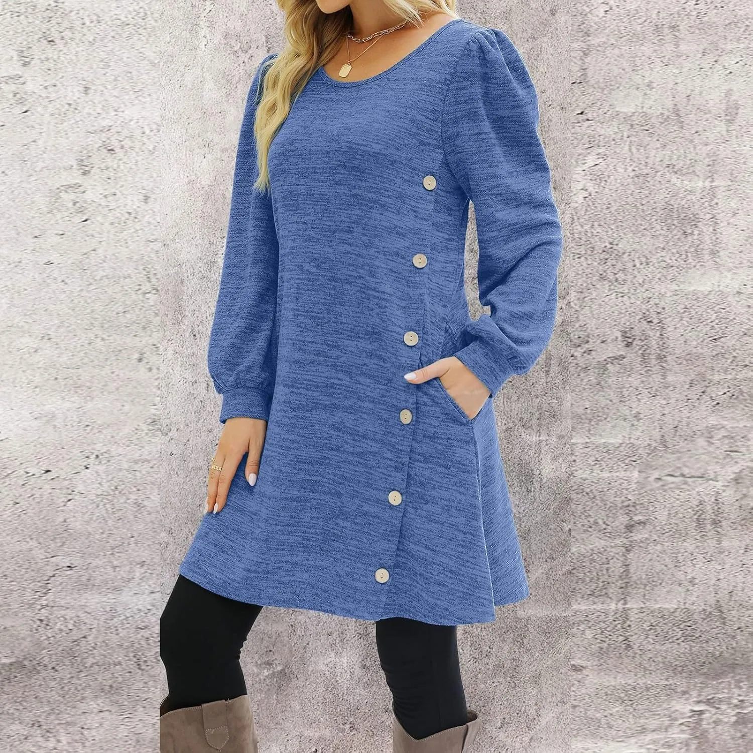 Women's Fall Casual Trendy Long Sleeve Crew Solid Button Midi Sun Dresses,S-3XL