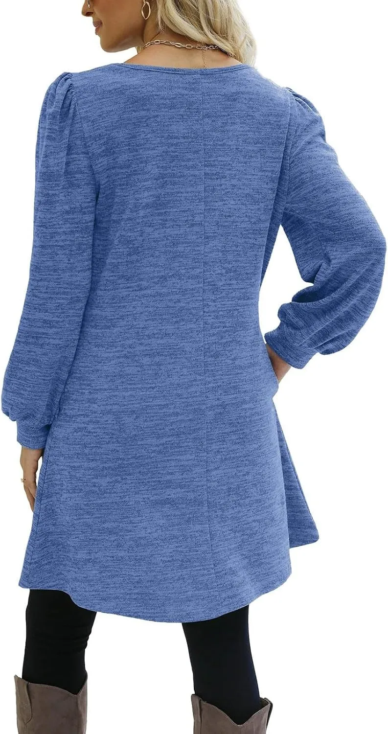 Women's Fall Casual Trendy Long Sleeve Crew Solid Button Midi Sun Dresses,S-3XL