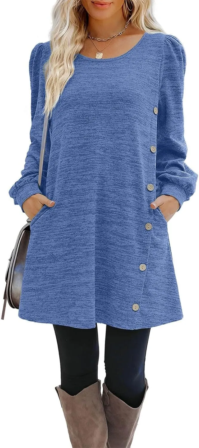 Women's Fall Casual Trendy Long Sleeve Crew Solid Button Midi Sun Dresses,S-3XL