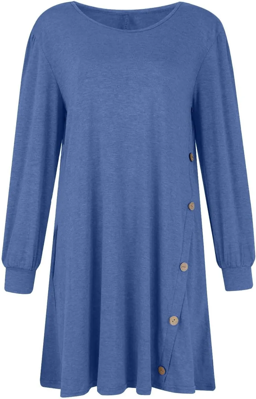 Women's Fall Casual Trendy Long Sleeve Crew Solid Button Midi Sun Dresses,S-3XL