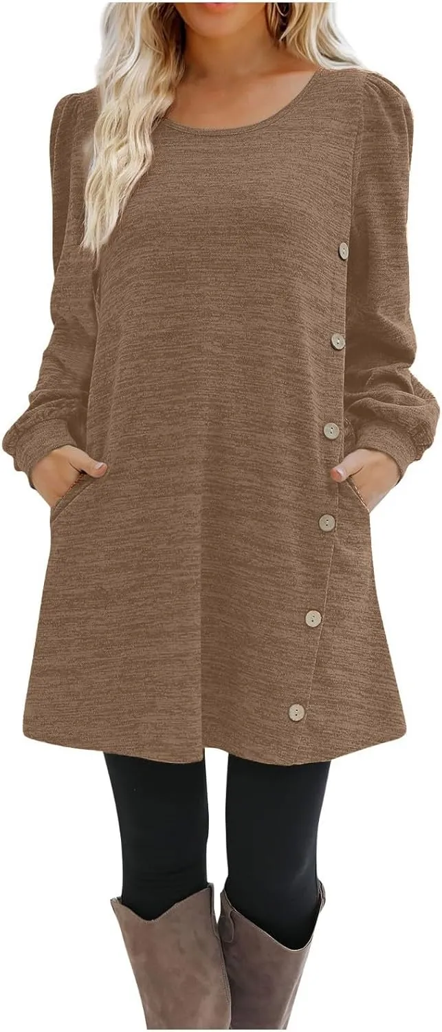 Women's Fall Flowy Casual Long Sleeve Crew Neck Button Solid Wedding Guest Dress