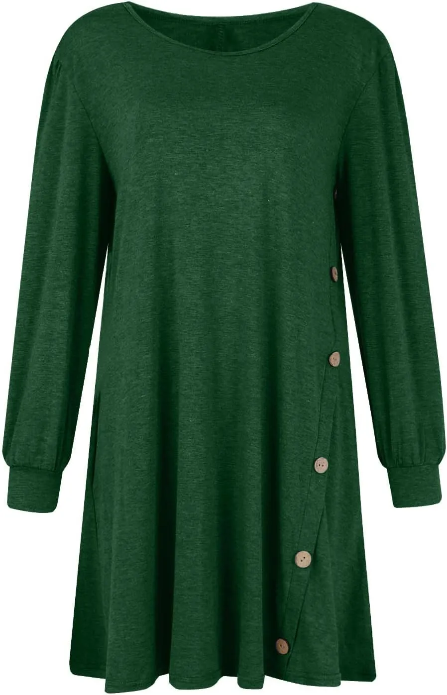 Women's Fall Flowy Casual Long Sleeve Crew Neck Button Solid Wedding Guest Dress