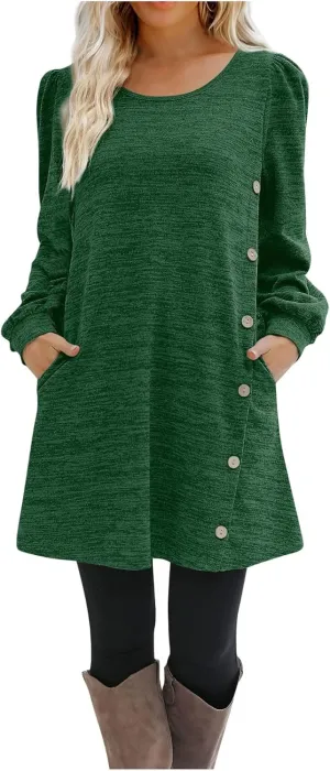 Women's Fall Flowy Casual Long Sleeve Crew Neck Button Solid Wedding Guest Dress