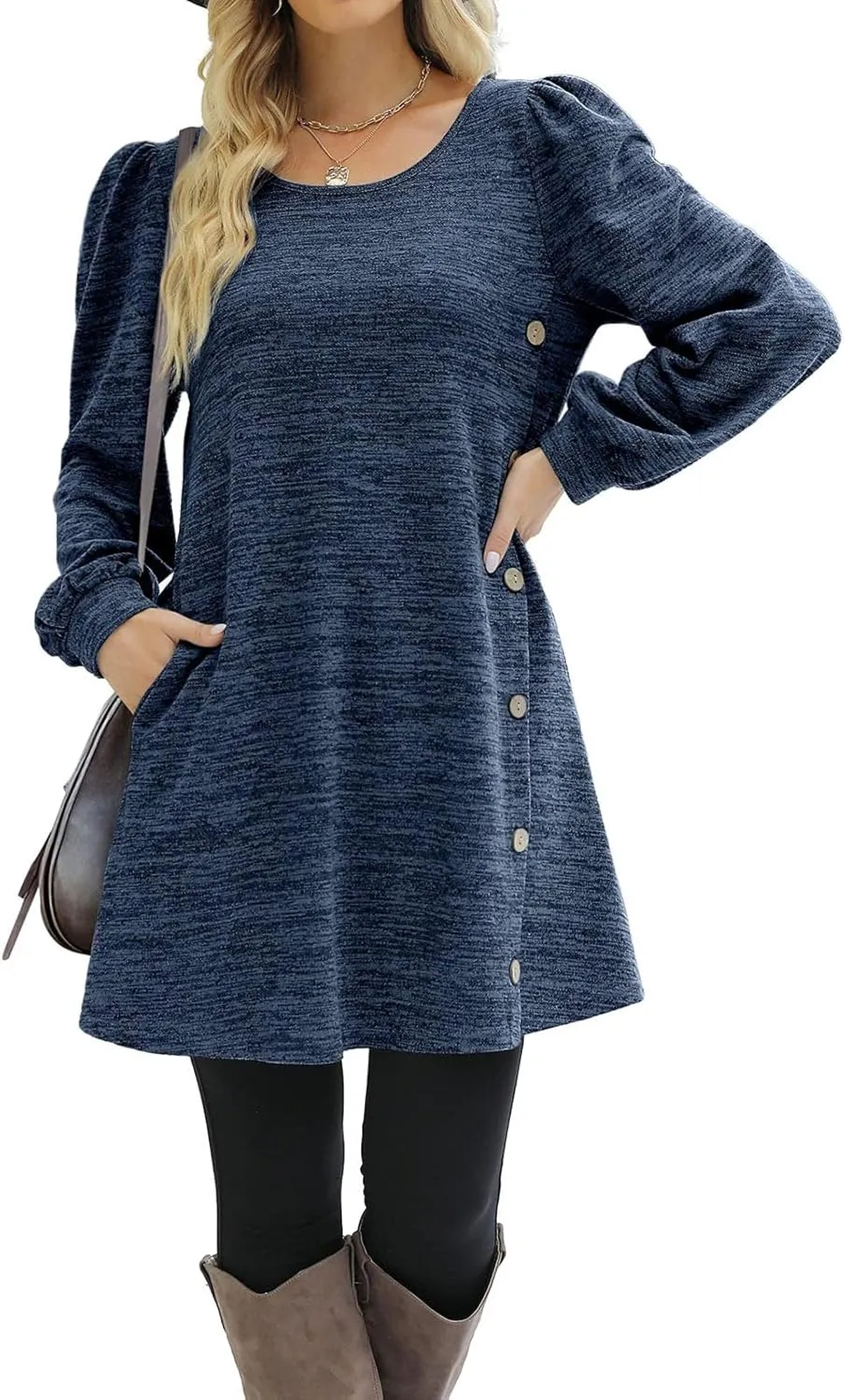 Women's Fall Flowy Casual Long Sleeve Crew Neck Button Solid Wedding Guest Dress