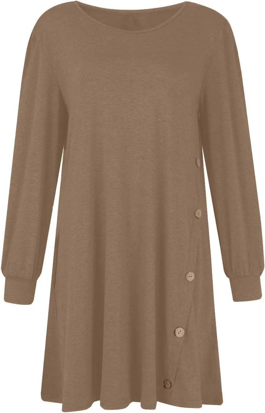 Women's Fall Flowy Casual Long Sleeve Crew Neck Button Solid Wedding Guest Dress