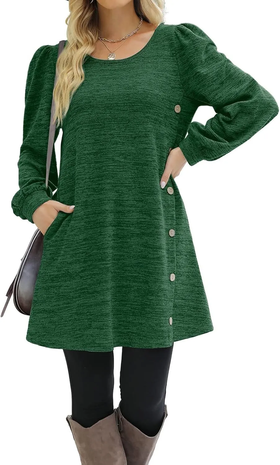 Women's Fall Flowy Casual Long Sleeve Crew Neck Button Solid Wedding Guest Dress
