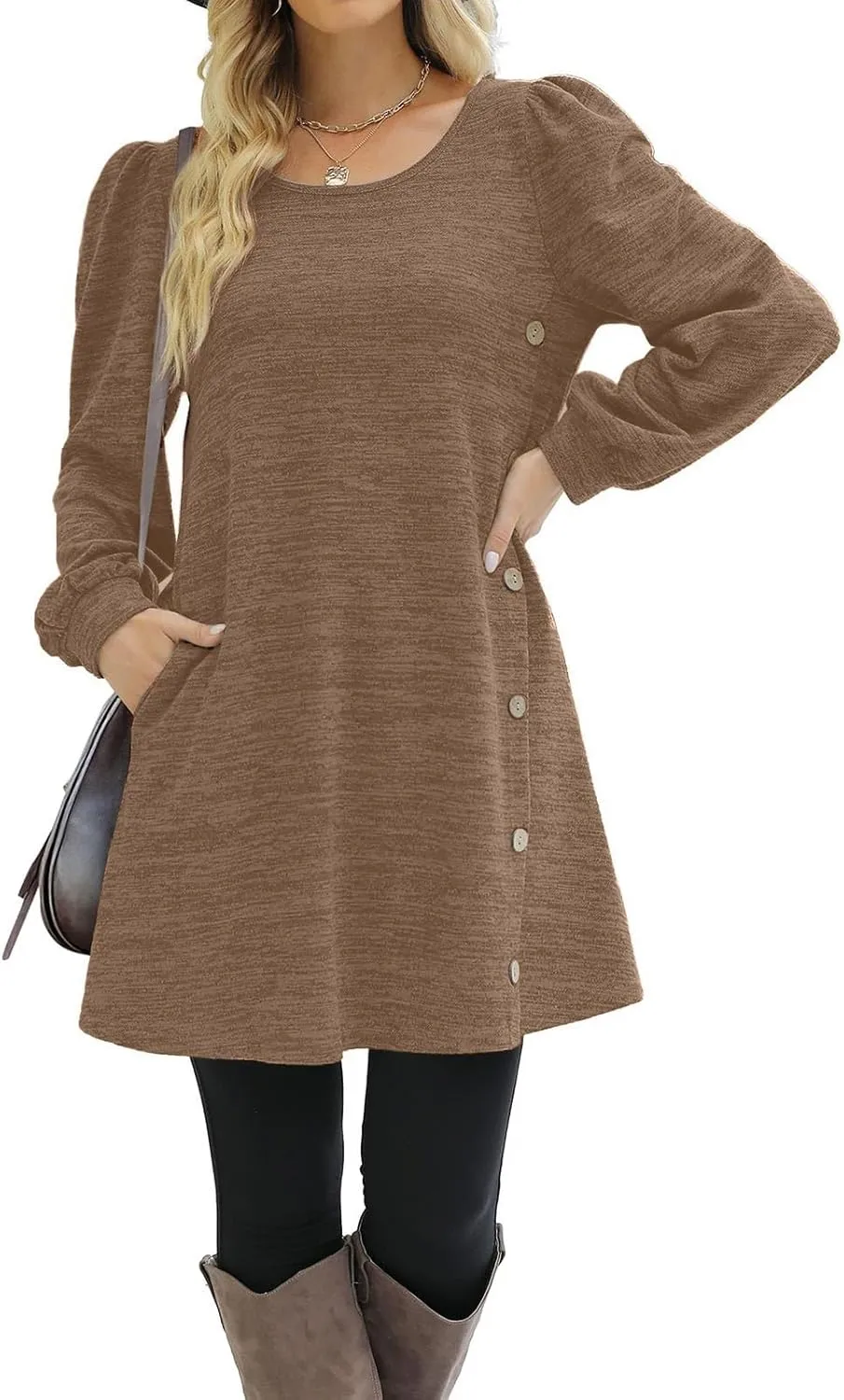 Women's Fall Flowy Casual Long Sleeve Crew Neck Button Solid Wedding Guest Dress