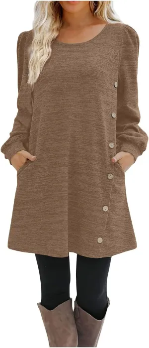 Women's Fall Flowy Casual Long Sleeve Crew Neck Button Solid Wedding Guest Dress
