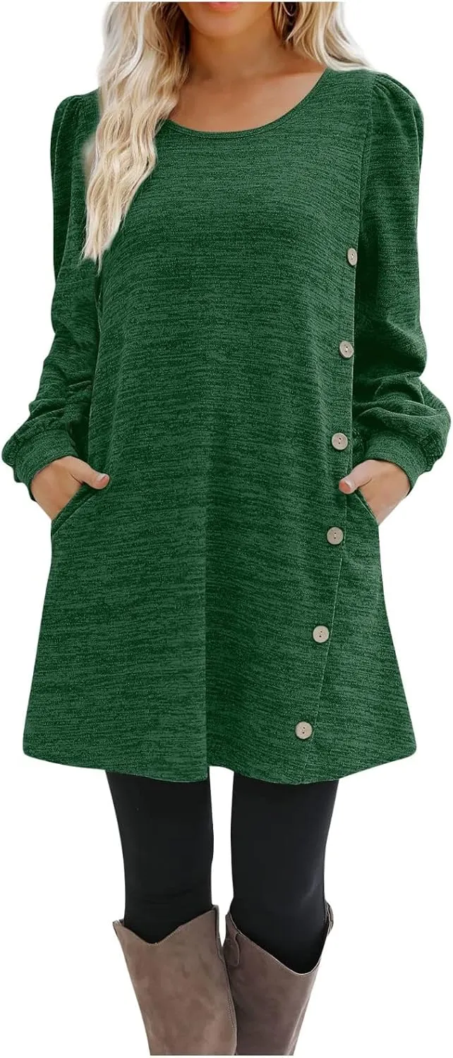 Women's Fall Flowy Casual Long Sleeve Crew Neck Button Solid Wedding Guest Dress