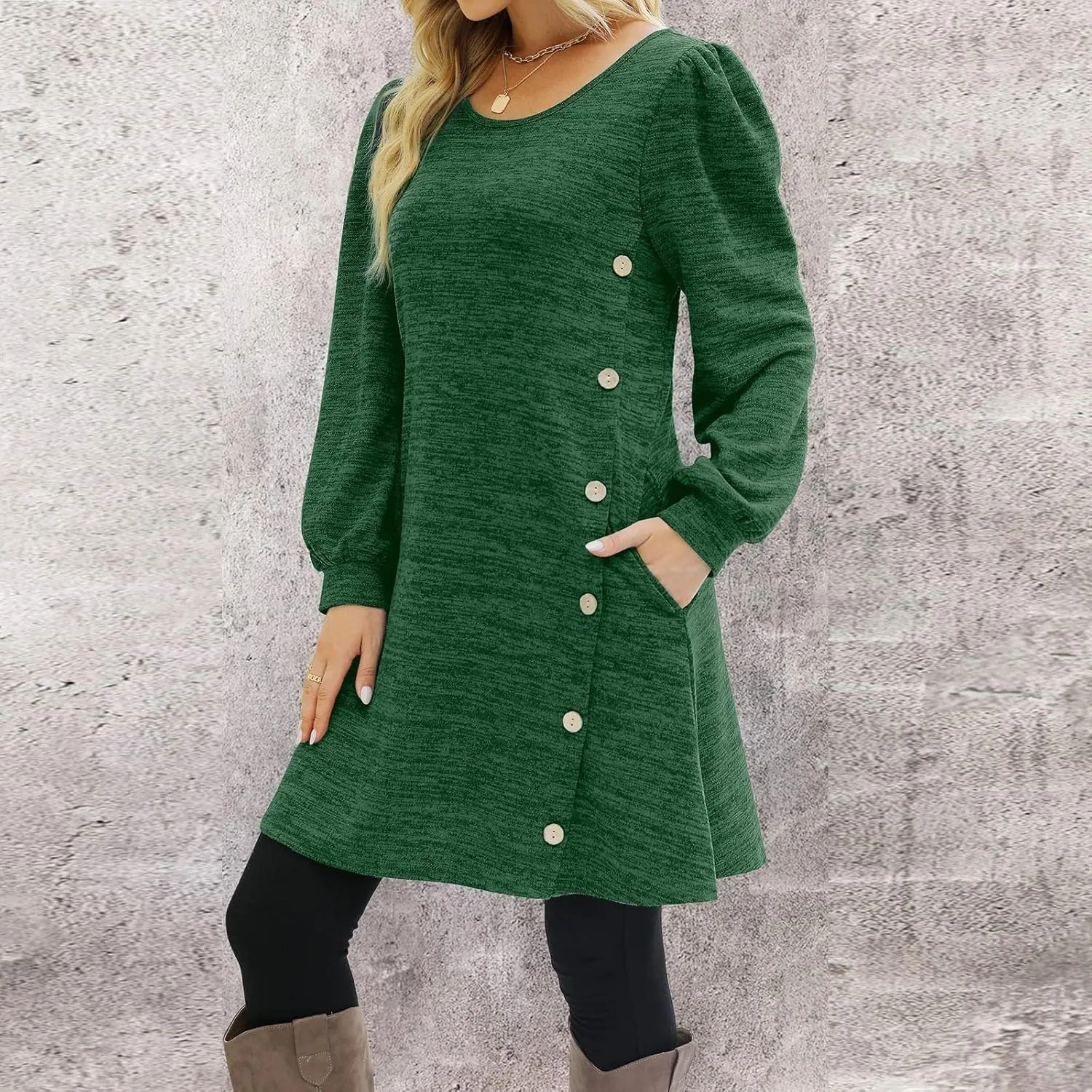 Women's Fall Flowy Casual Long Sleeve Crew Neck Button Solid Wedding Guest Dress