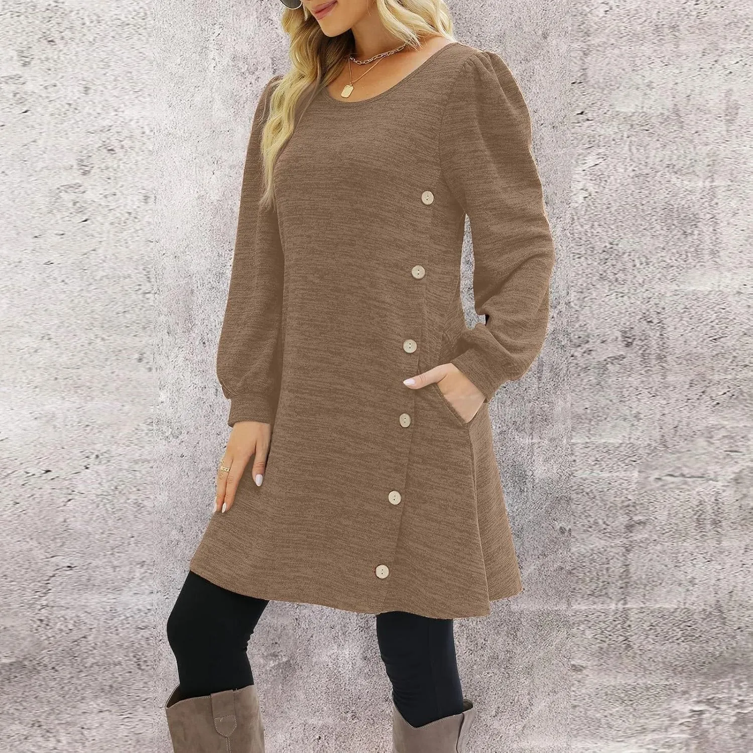 Women's Fall Flowy Casual Long Sleeve Crew Neck Button Solid Wedding Guest Dress