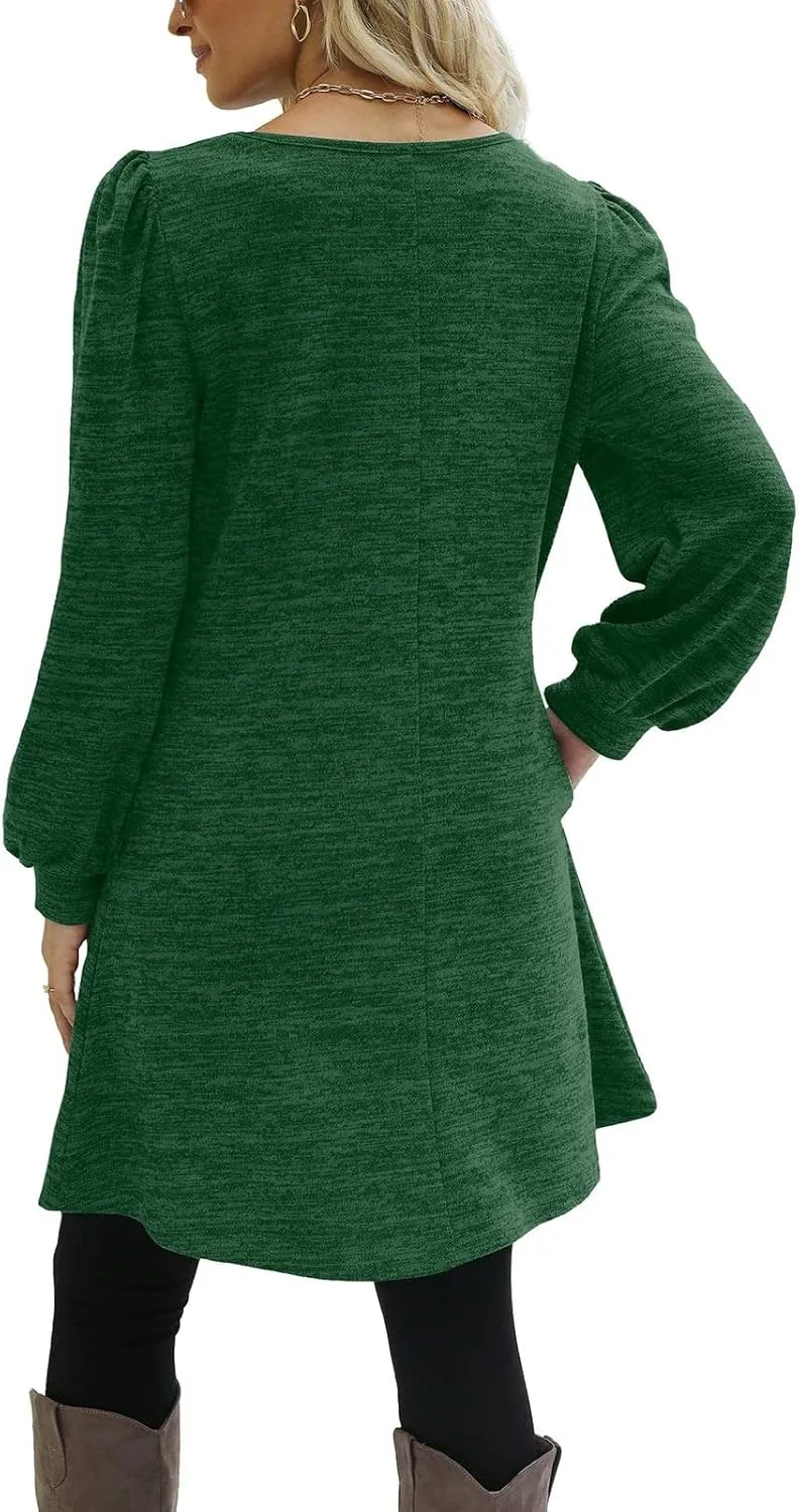 Women's Fall Flowy Casual Long Sleeve Crew Neck Button Solid Wedding Guest Dress